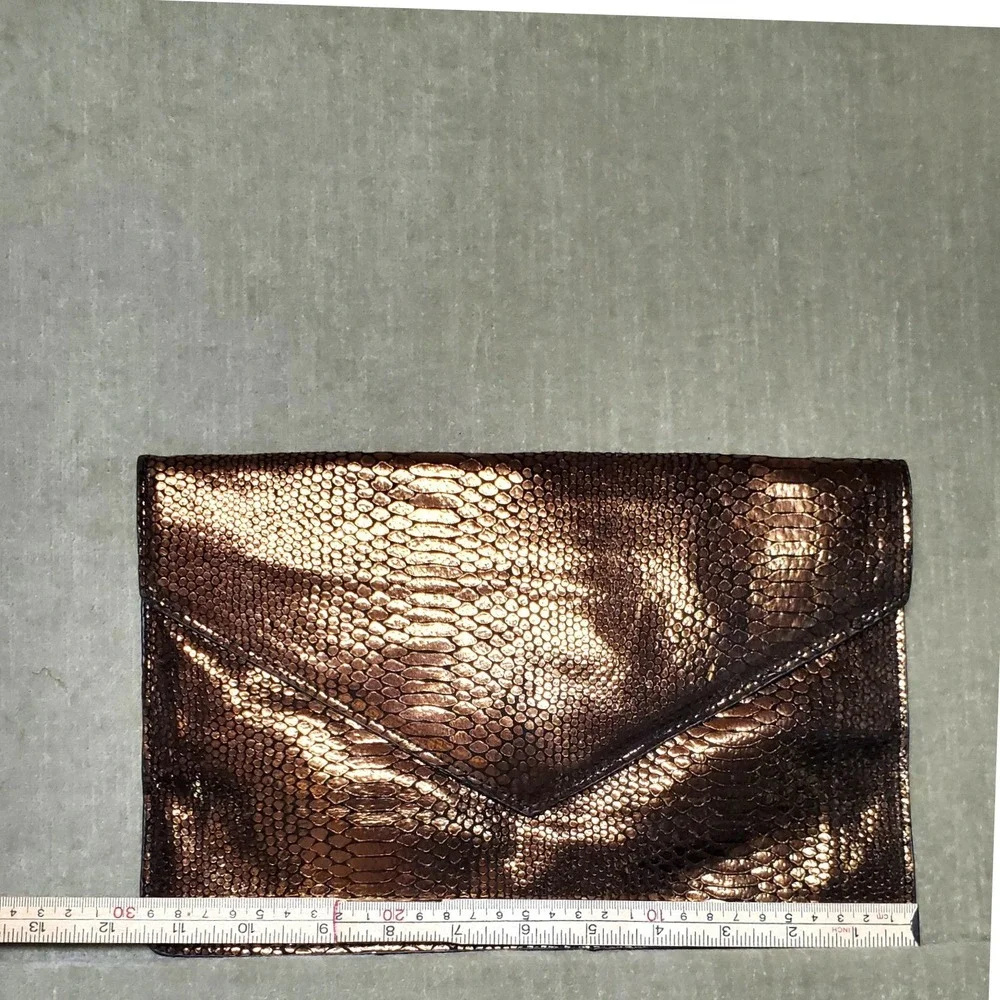 Moda Luxe Bronze Metallic Snakeskin Embossed Leather Envelope Clutch Bag